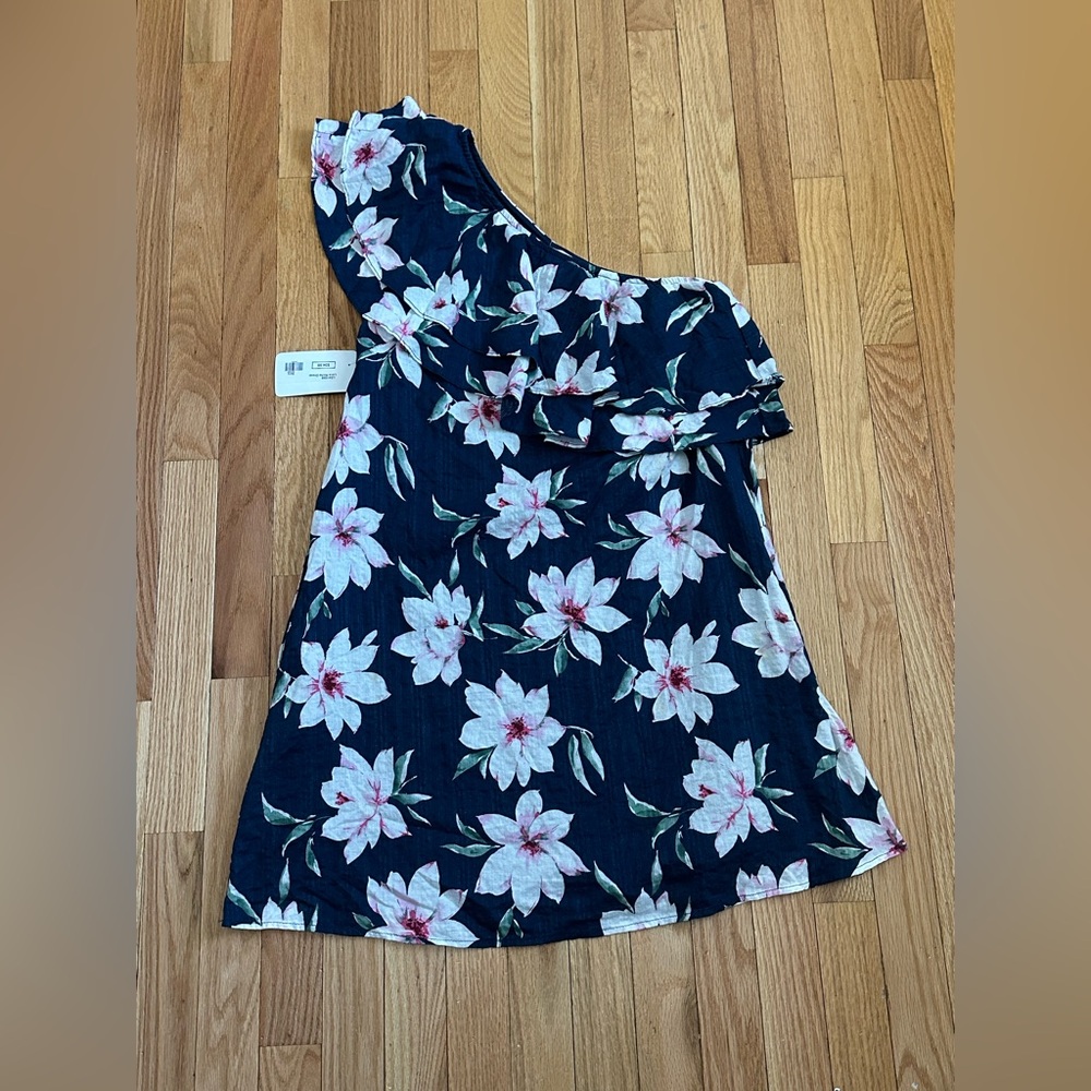 Love Riche Navy One-Shoulder Floral Ruffle Top